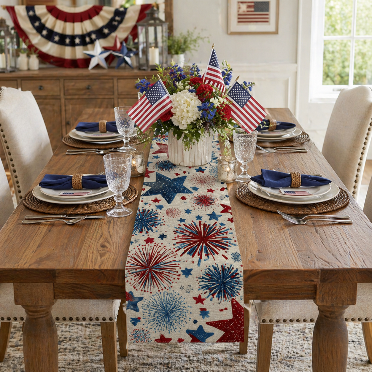 Patriotic Fireworks Table Runner – 4th of July Independence Day Table Decor