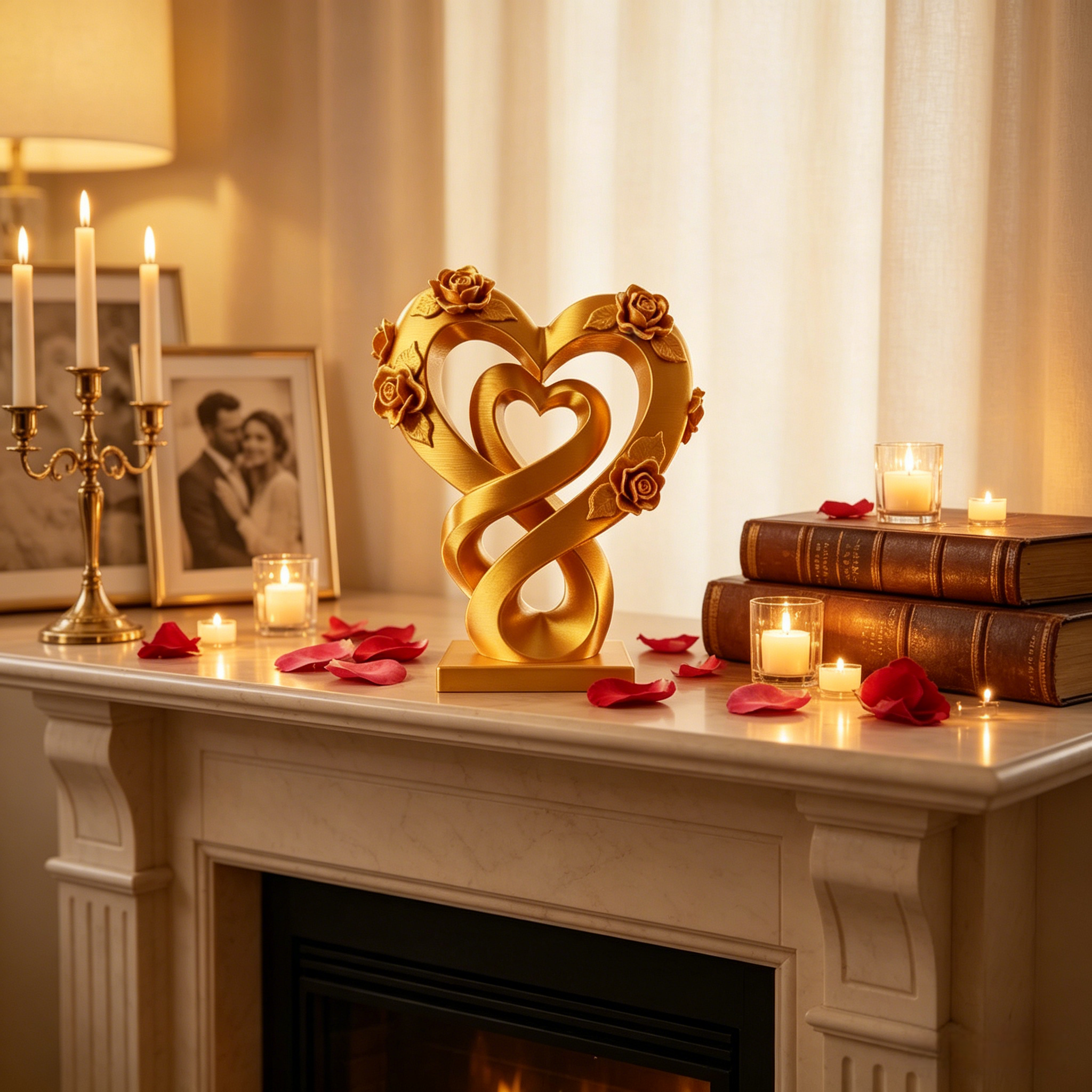 Eternal Love Double Heart Sculpture with Roses – Romantic Home Decor Accent