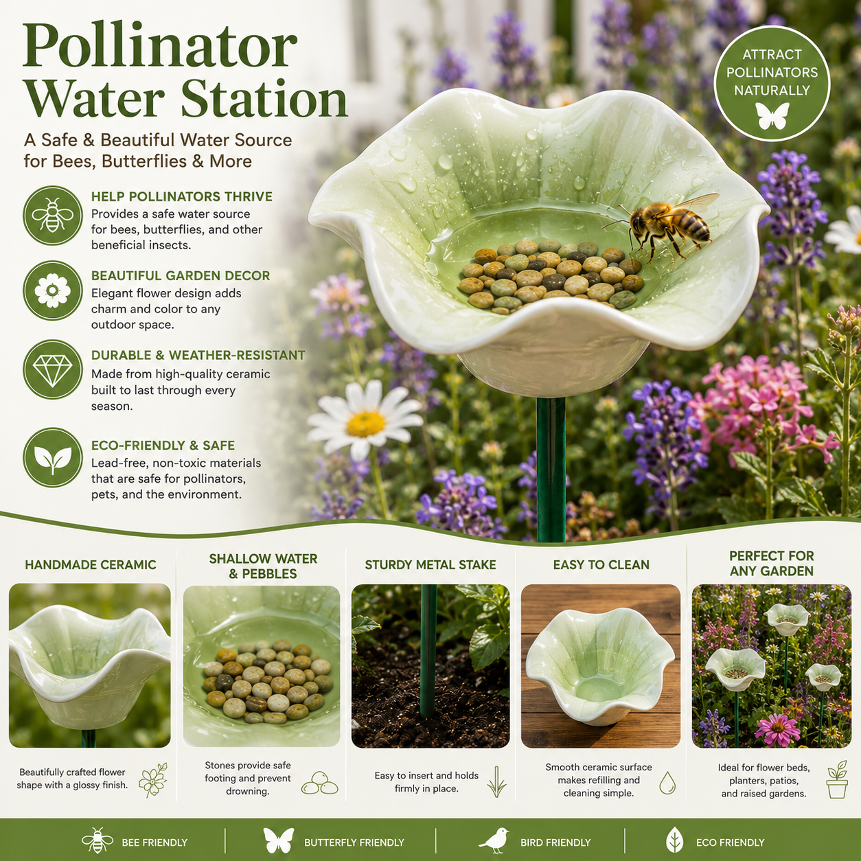 Green Lotus Leaf Garden Stake – Mini Pollinator Water Cup for Bees, Butterflies & Garden Decor