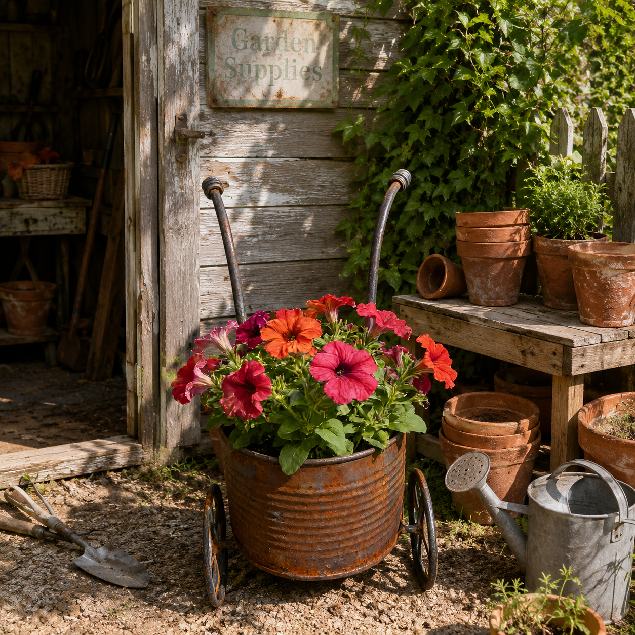 Rustic Metal Wheelbarrow Planter, Vintage Garden Cart Flower Pot