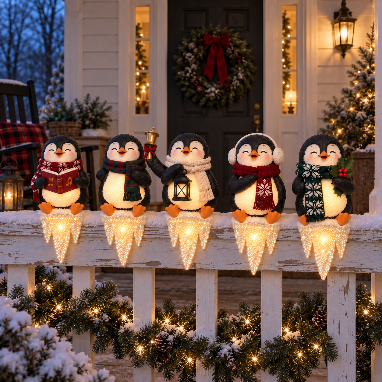Lighted Penguin Icicle Window Ledge Set