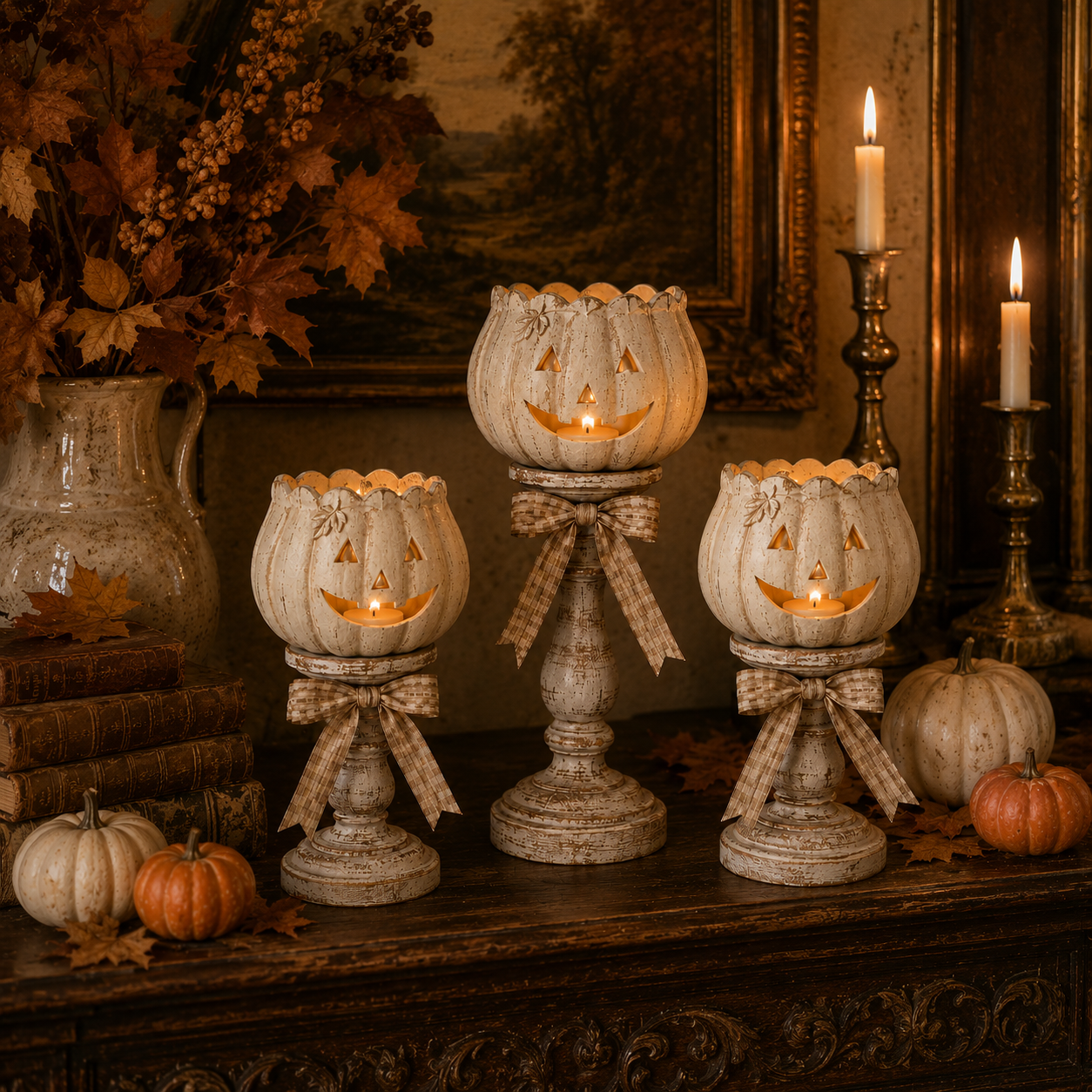Harvest Glow White Pumpkin Pedestal Tealight Holders – Set of 3