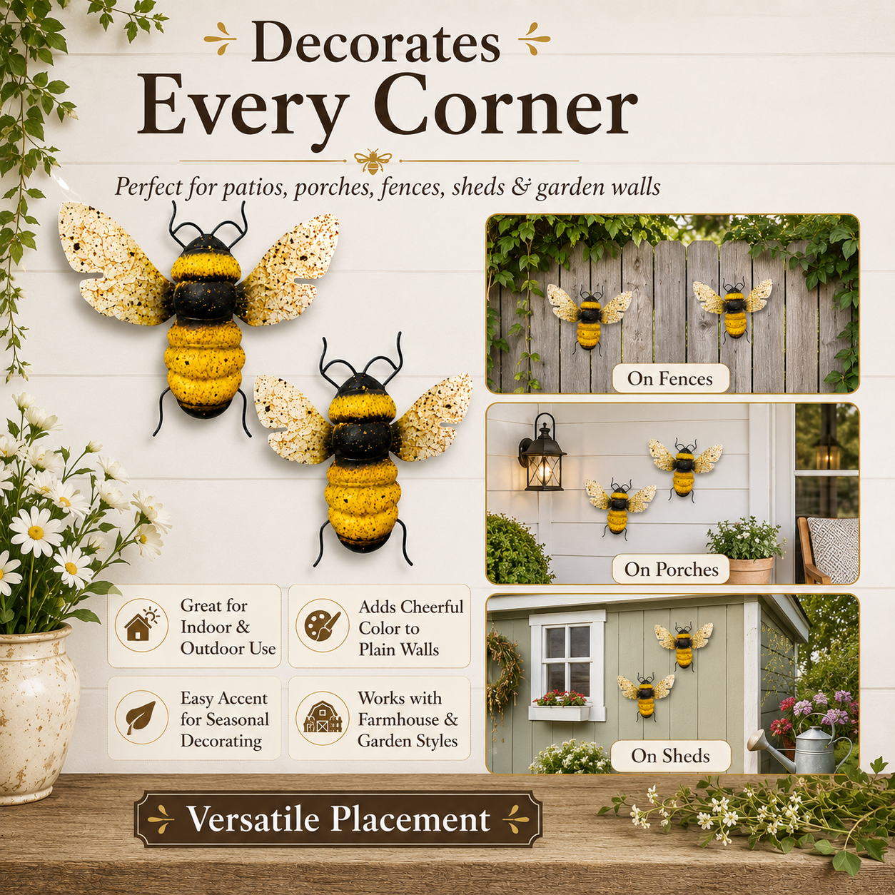 2-Piece Painted Bee Wall Decor Set – Rustic Metal Bee Garden & Porch Decorations