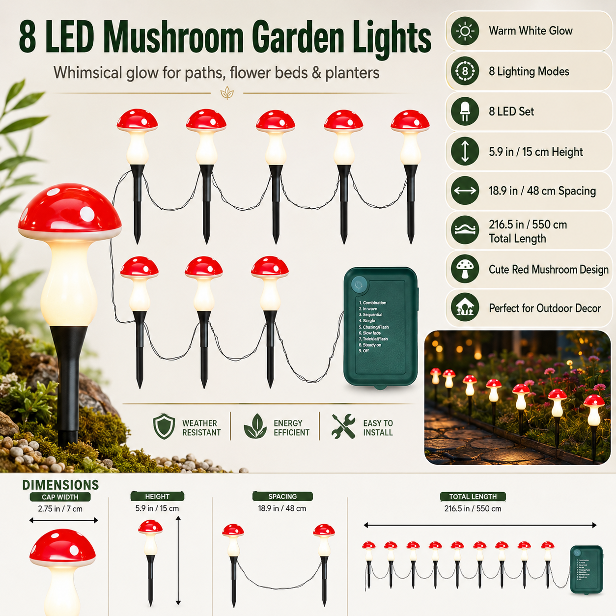 8 LED Solar Mushroom Garden Stake Lights