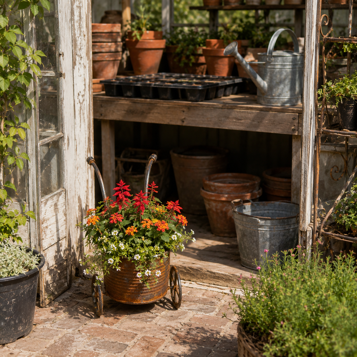 Rustic Metal Wheelbarrow Planter, Vintage Garden Cart Flower Pot
