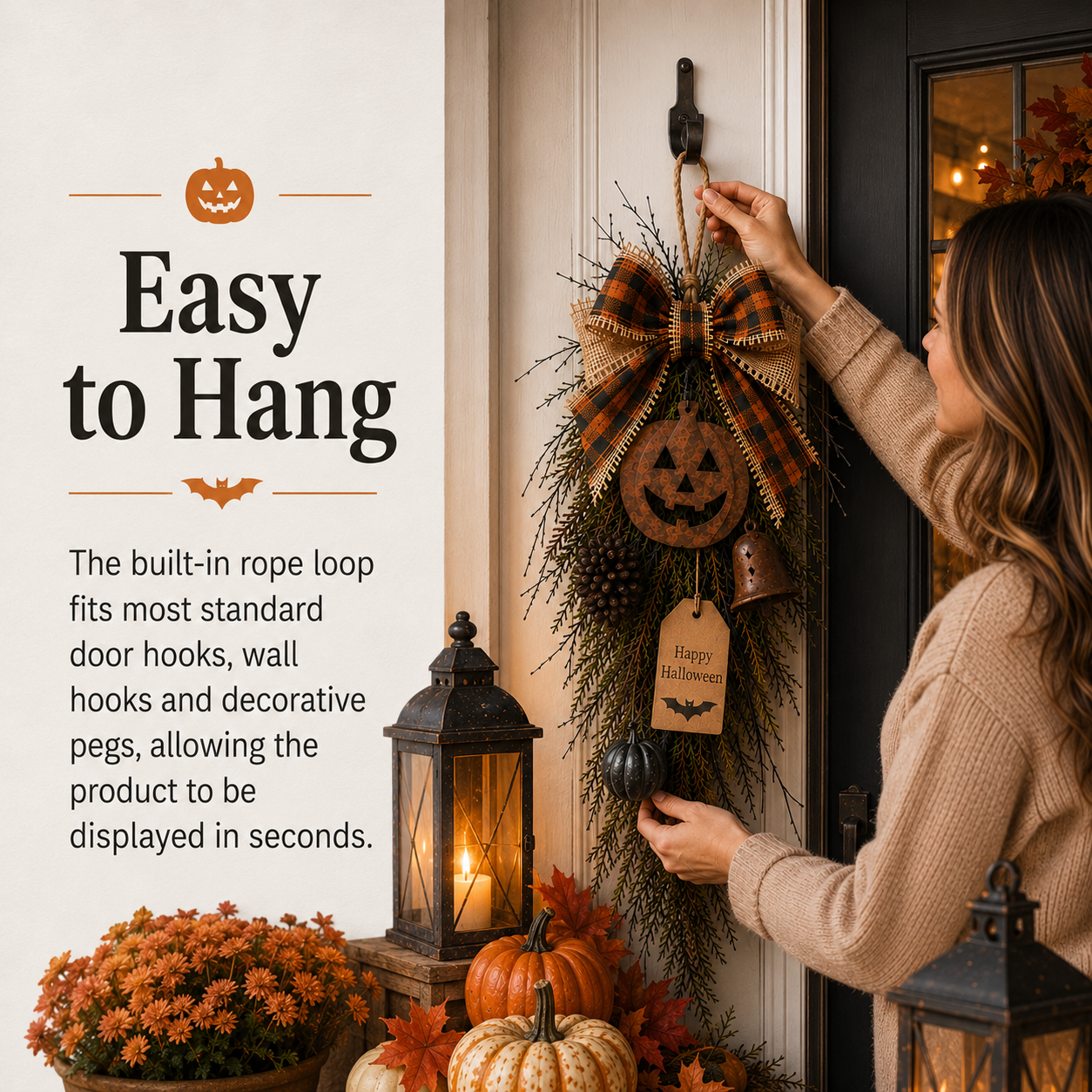 Rustic Halloween Pumpkin Door Swag – Plaid Bow & Bell Hanging Décor