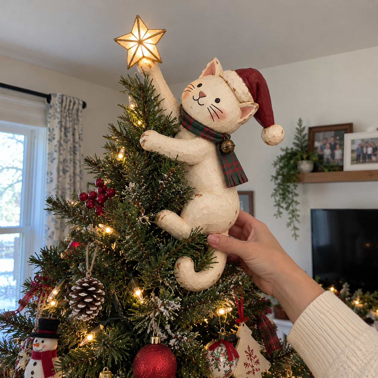 A hand positioning the cat topper among the upper branches of an indoor Christmas tree