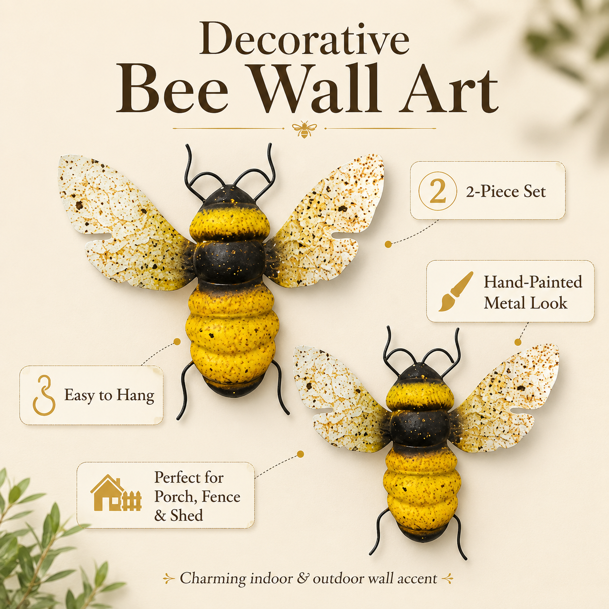 2-Piece Painted Bee Wall Decor Set – Rustic Metal Bee Garden & Porch Decorations