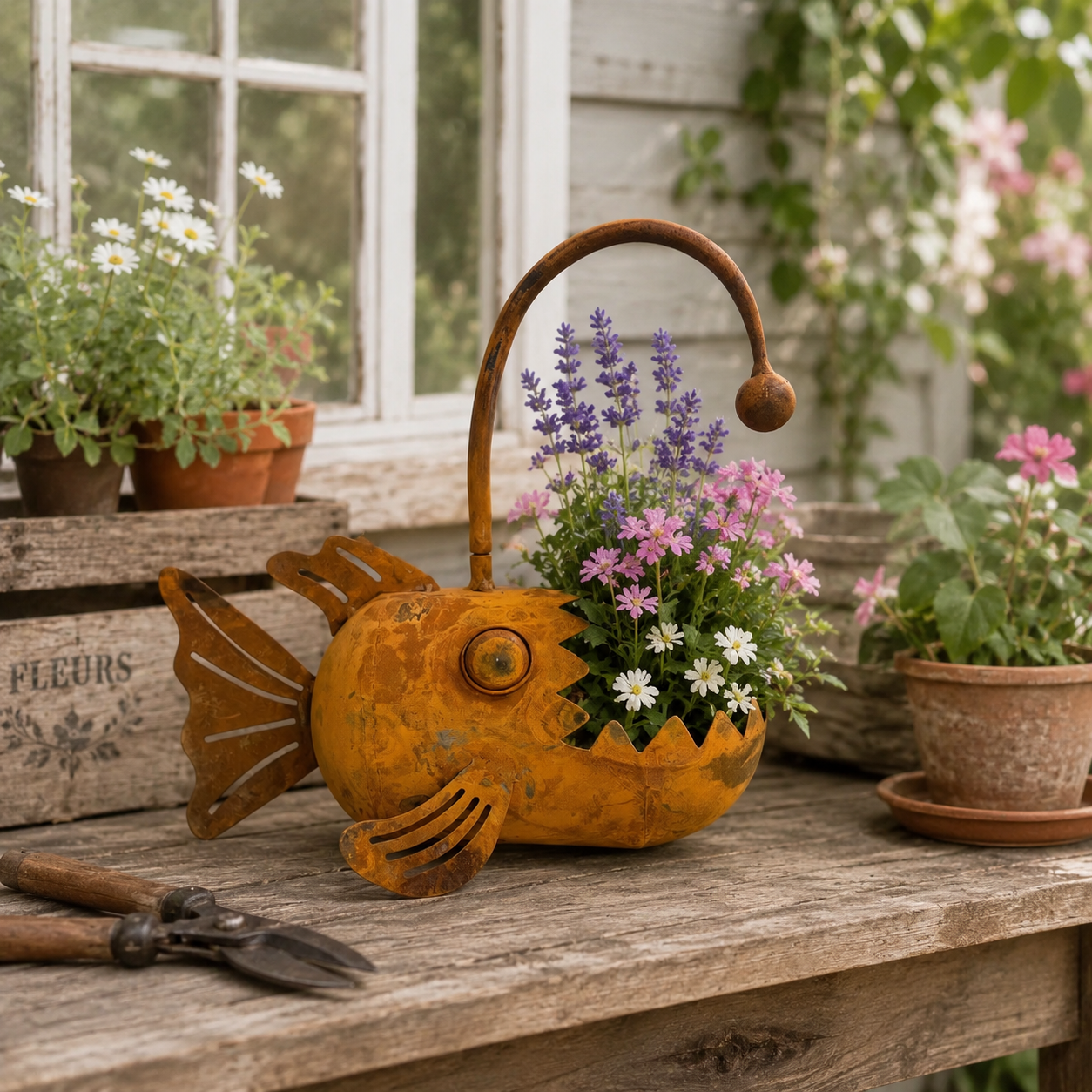 Vintage Metal Anglerfish Planter – Rustic Big Mouth Fish Flower Pot