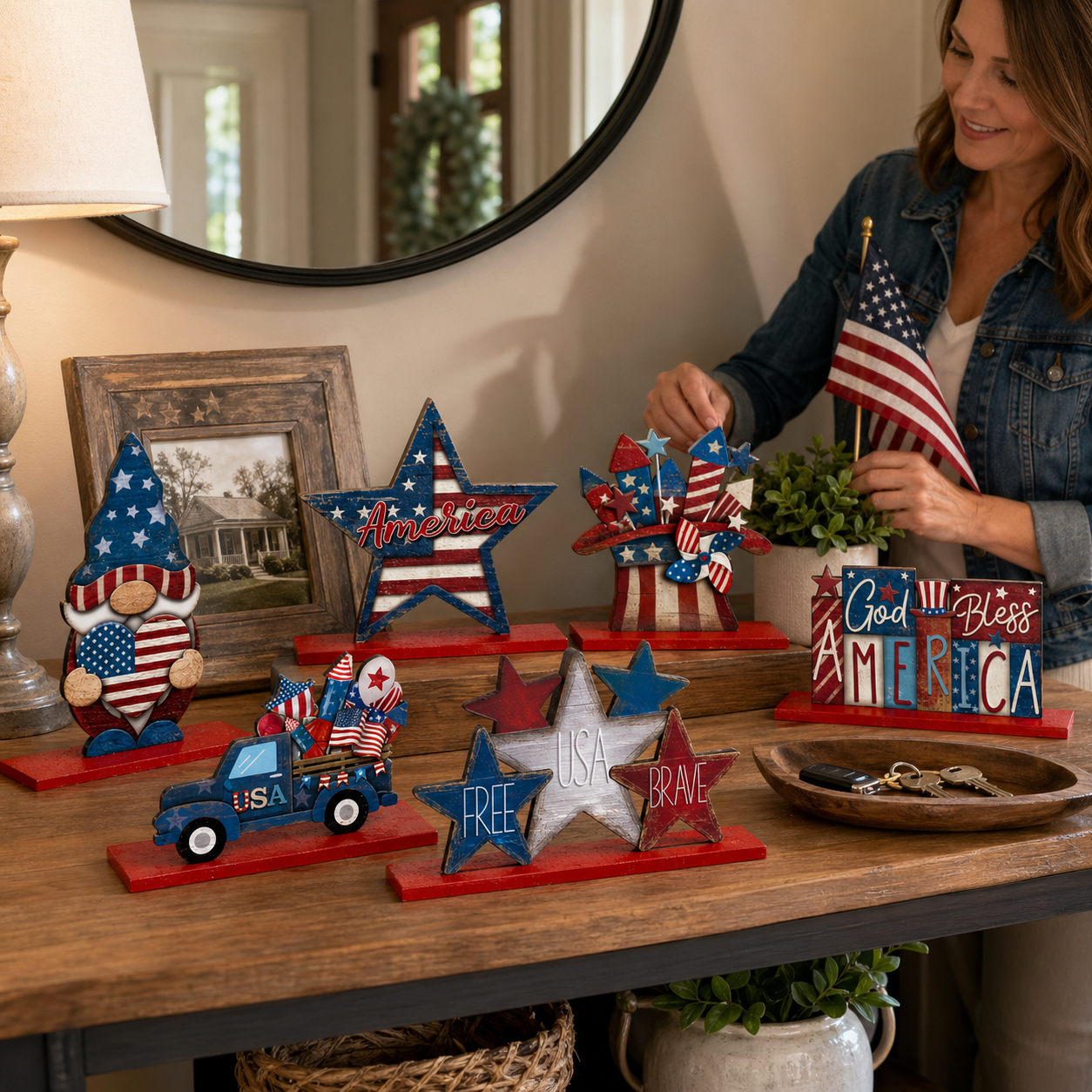 Patriotic Wooden Tabletop Decor Set – 4th of July Red White Blue Shelf Sitter Decorations