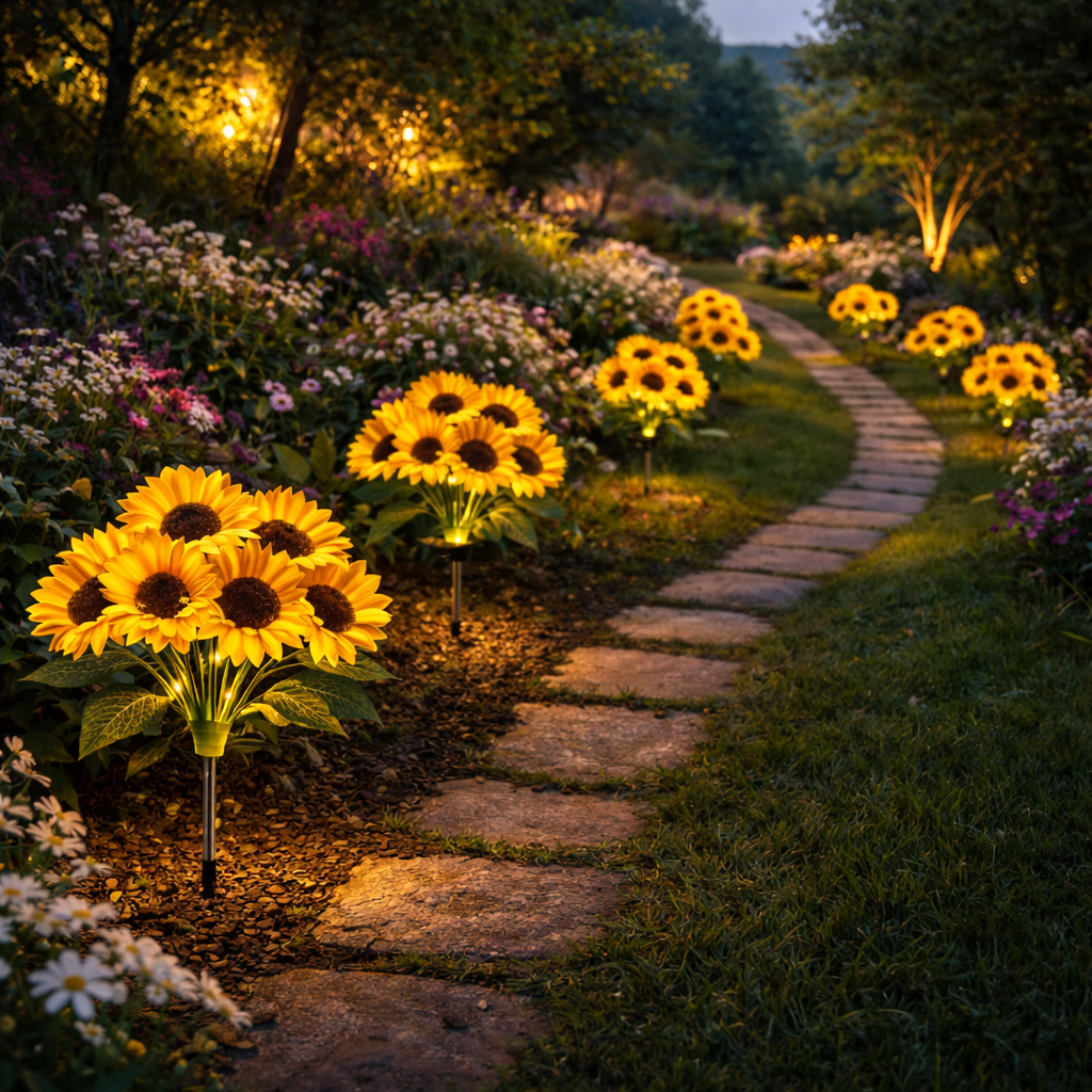 Solar Sunflower Stake Lights – 6-Head Glowing Garden Pathway Decor