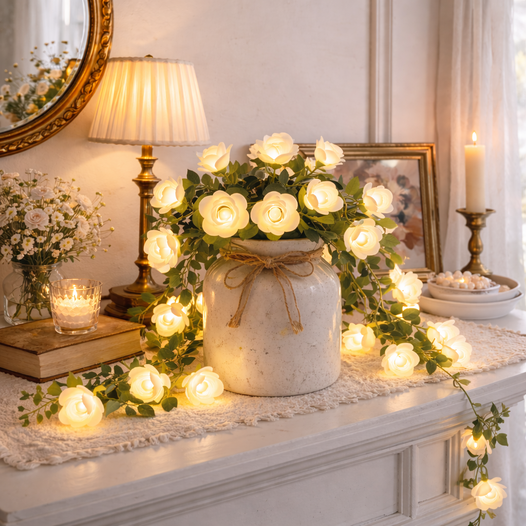 6M White Rose Vine String Lights with Remote – Cozy Home Decor & Mother’s Day Gift