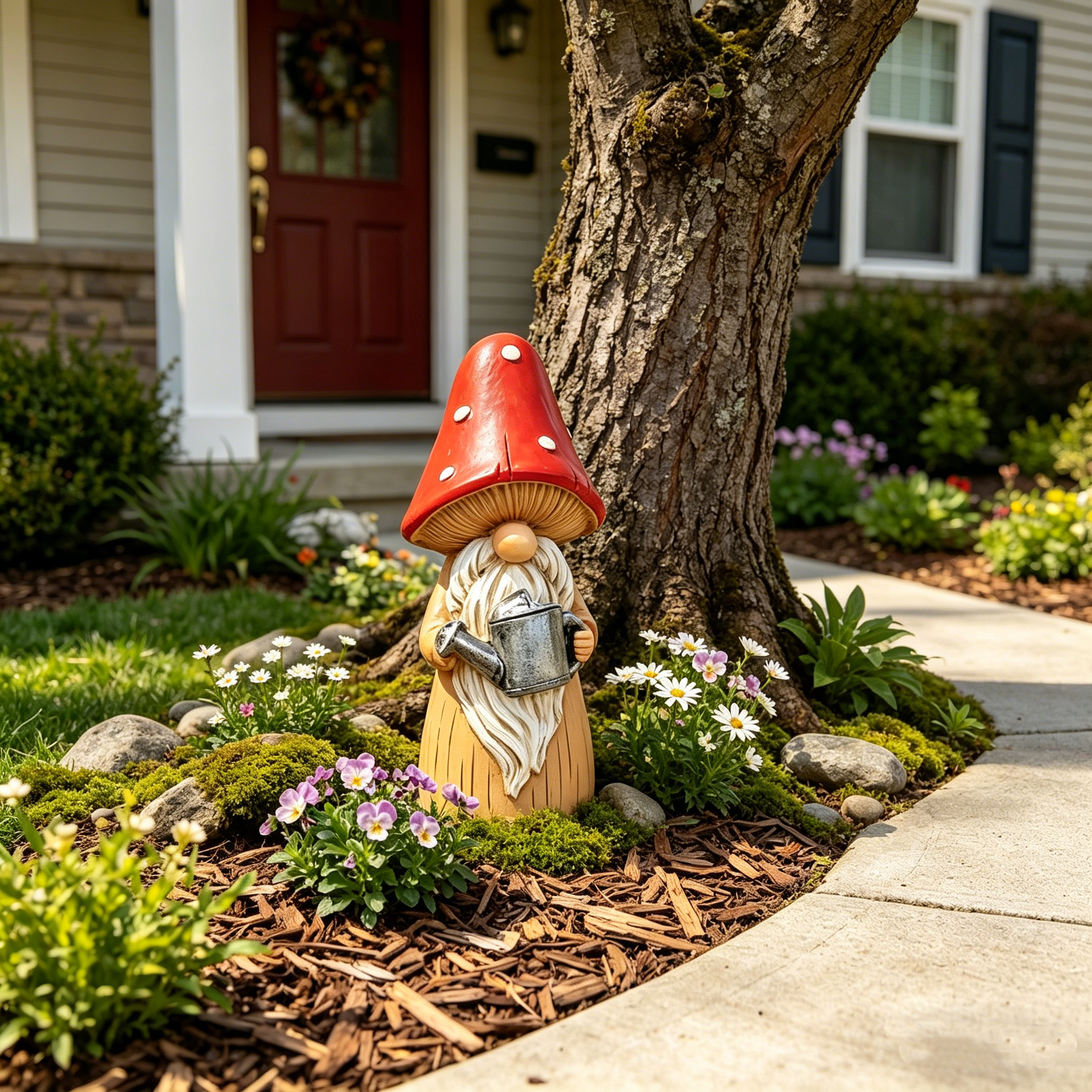Whimsical Mushroom Hat Garden Gnome Statue