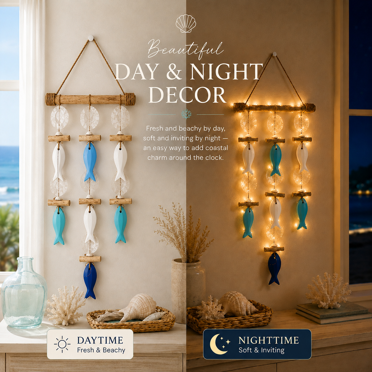 Coastal Fish & Shell Wind Chime Wall Decor with Removable Warm Lights