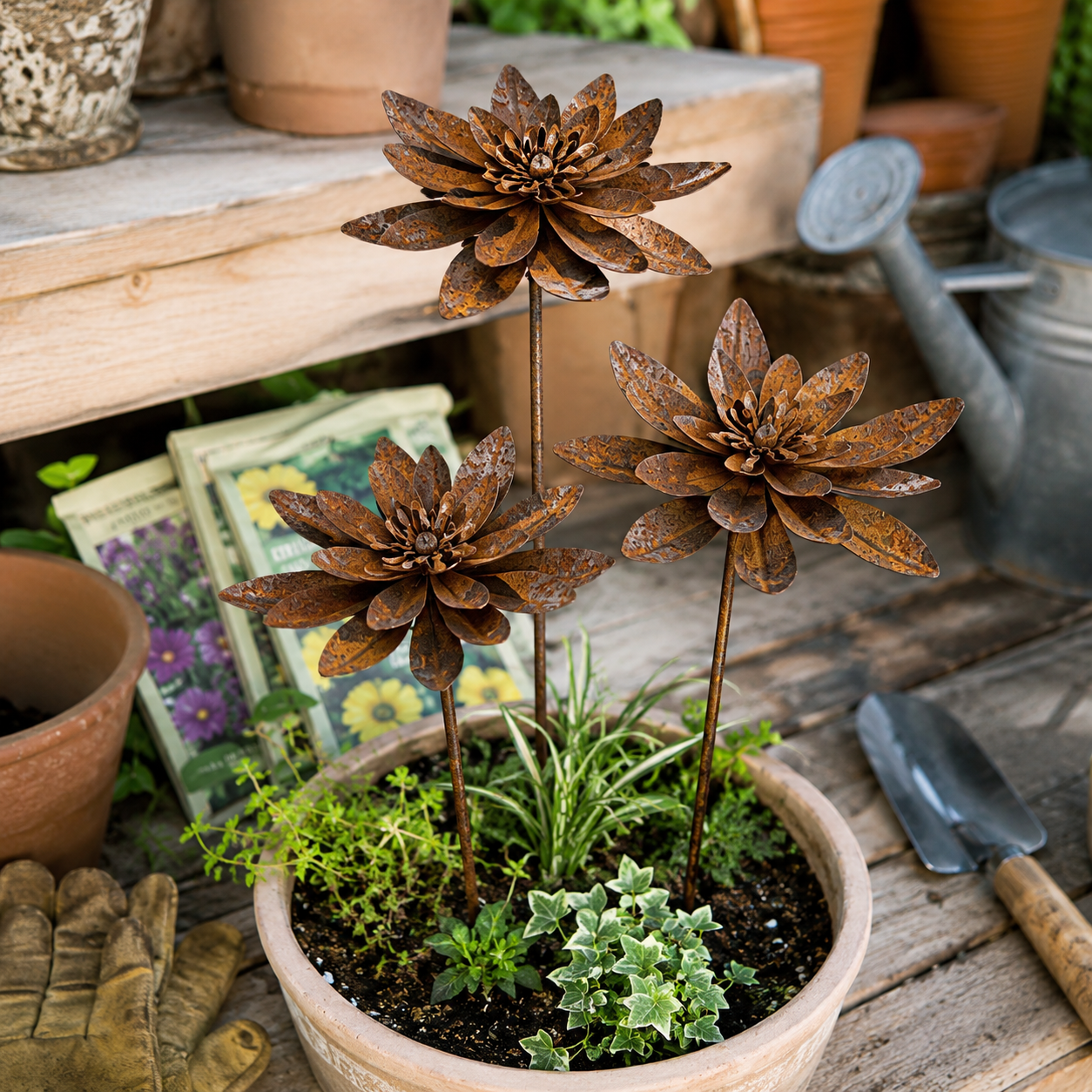 Rustic Metal Lotus Garden Stake – Weathered Outdoor Flower Yard Decor