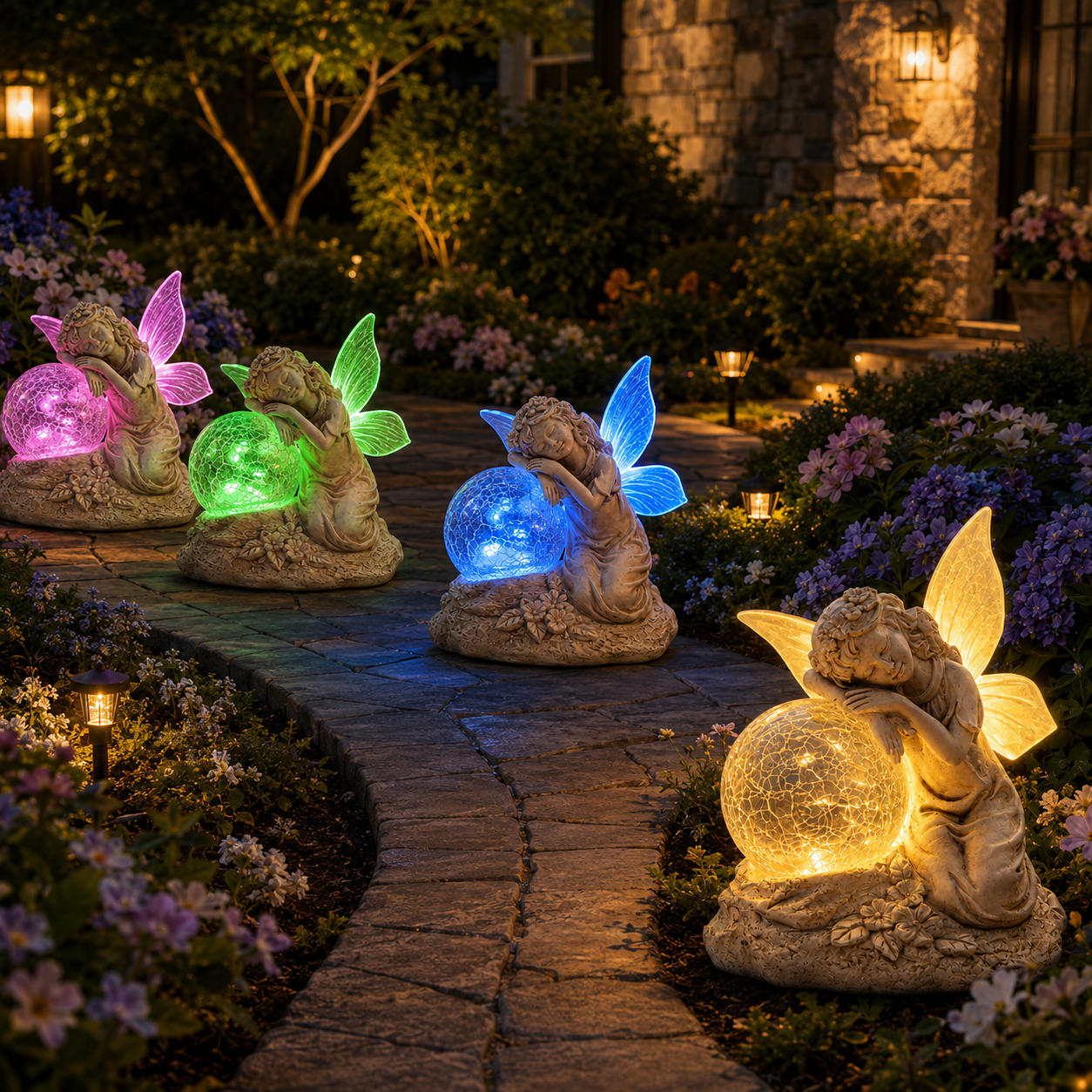 Solar-powered color-changing fairy statue