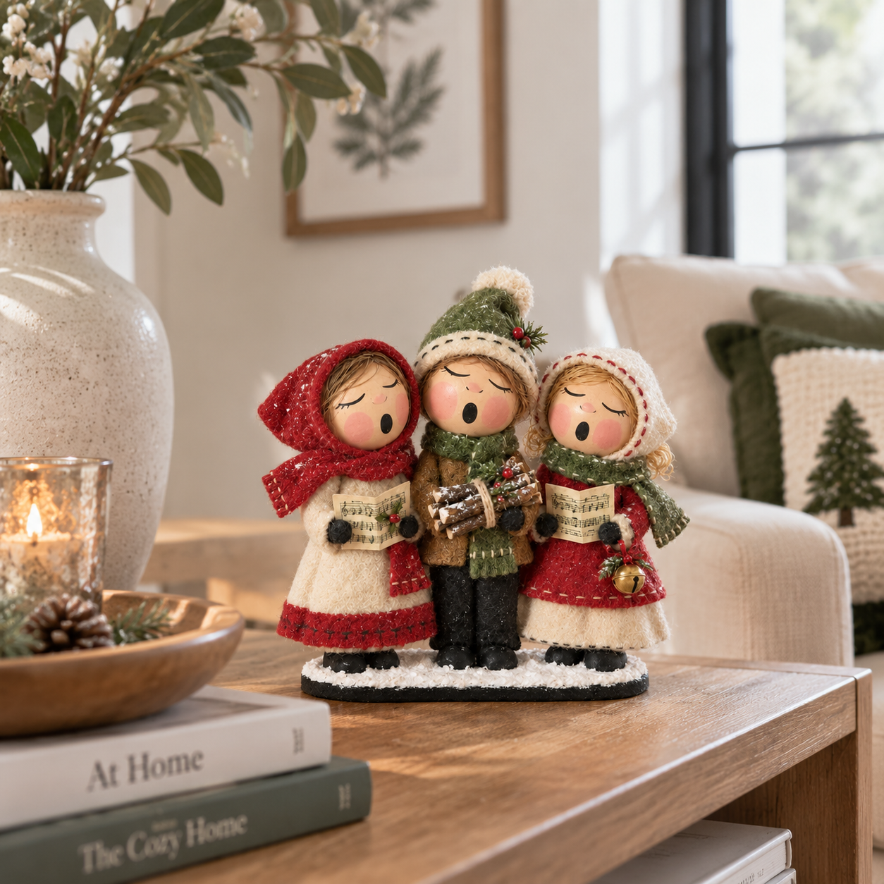 Christmas carolers displayed in a cozy home