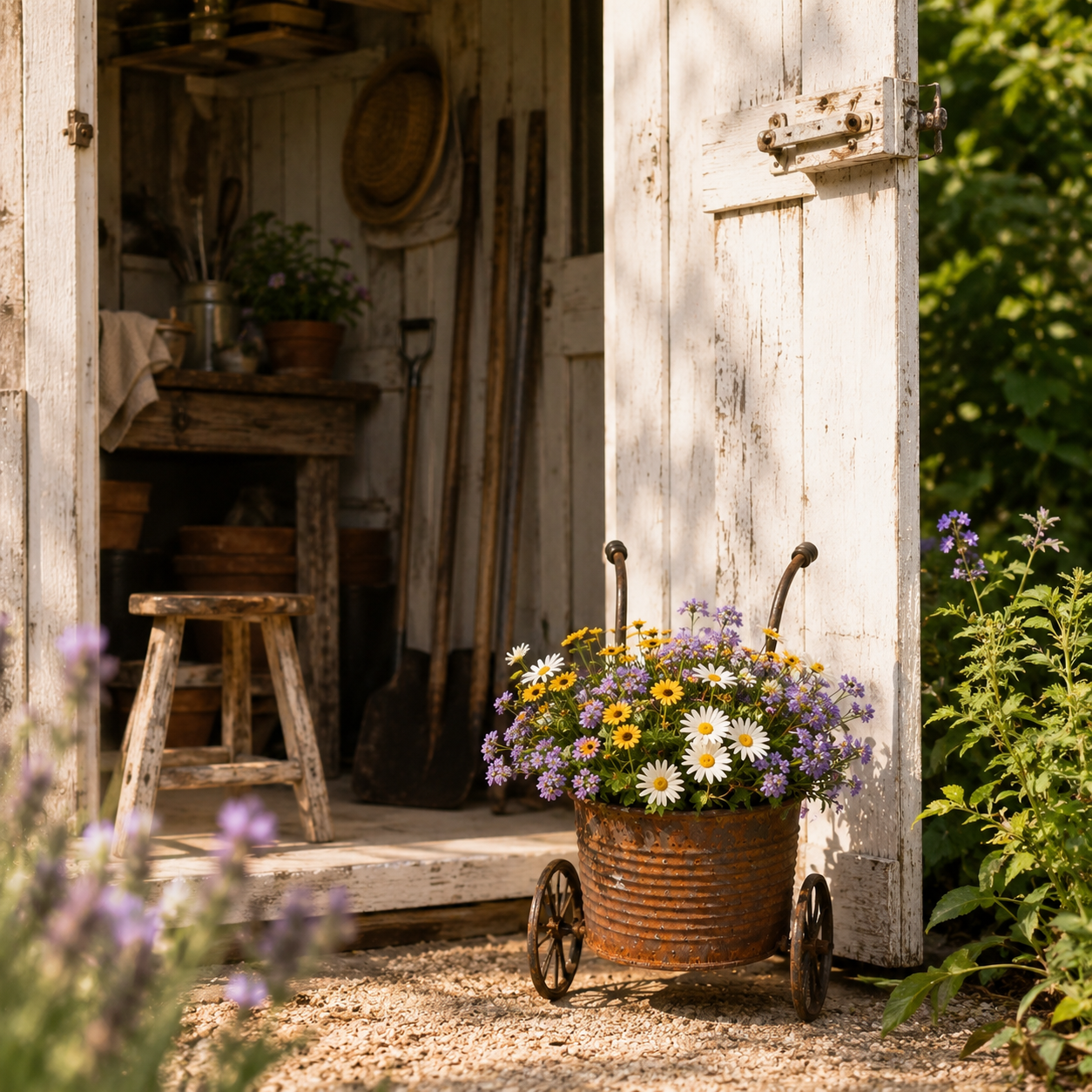 Rustic Metal Wheelbarrow Planter, Vintage Garden Cart Flower Pot