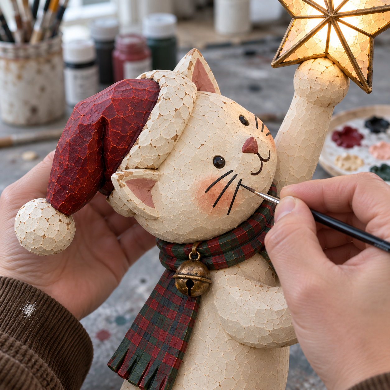 Close-up of the cat face and whiskers being painted by hand