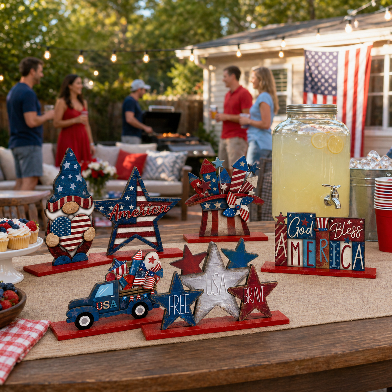 Patriotic Wooden Tabletop Decor Set – 4th of July Red White Blue Shelf Sitter Decorations