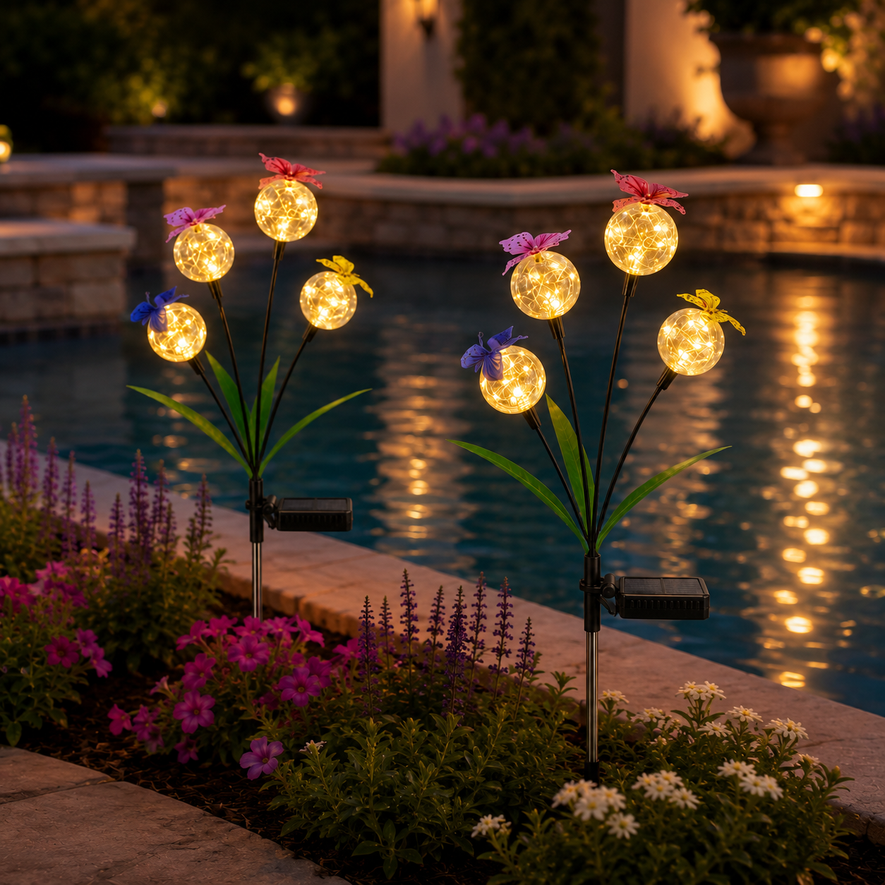 Solar Butterfly Garden Stake Light with 4 Glowing Crackle Globes