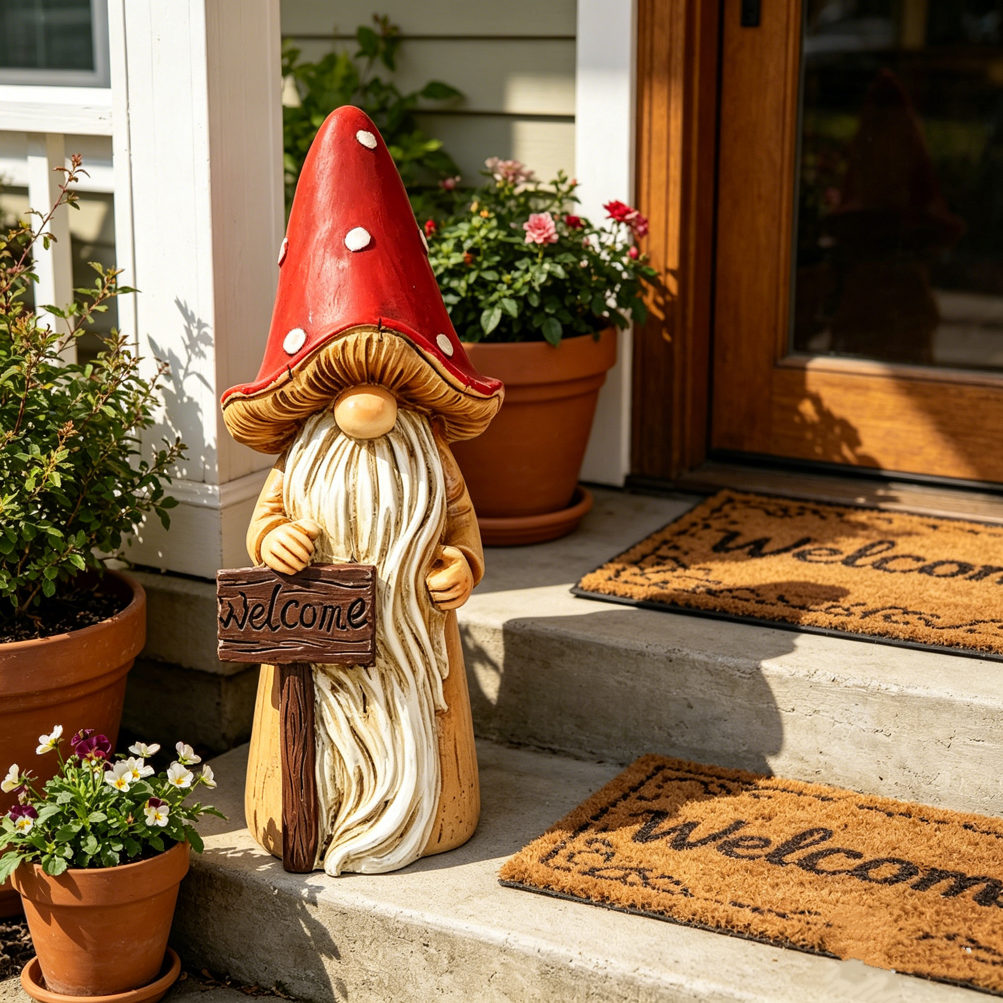 Whimsical Mushroom Hat Garden Gnome Statue