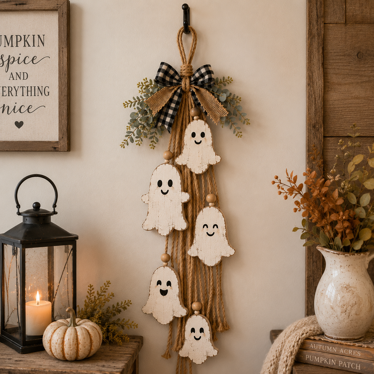 Rustic Ghost Hanging Decor – Farmhouse Halloween Wall & Door Decoration