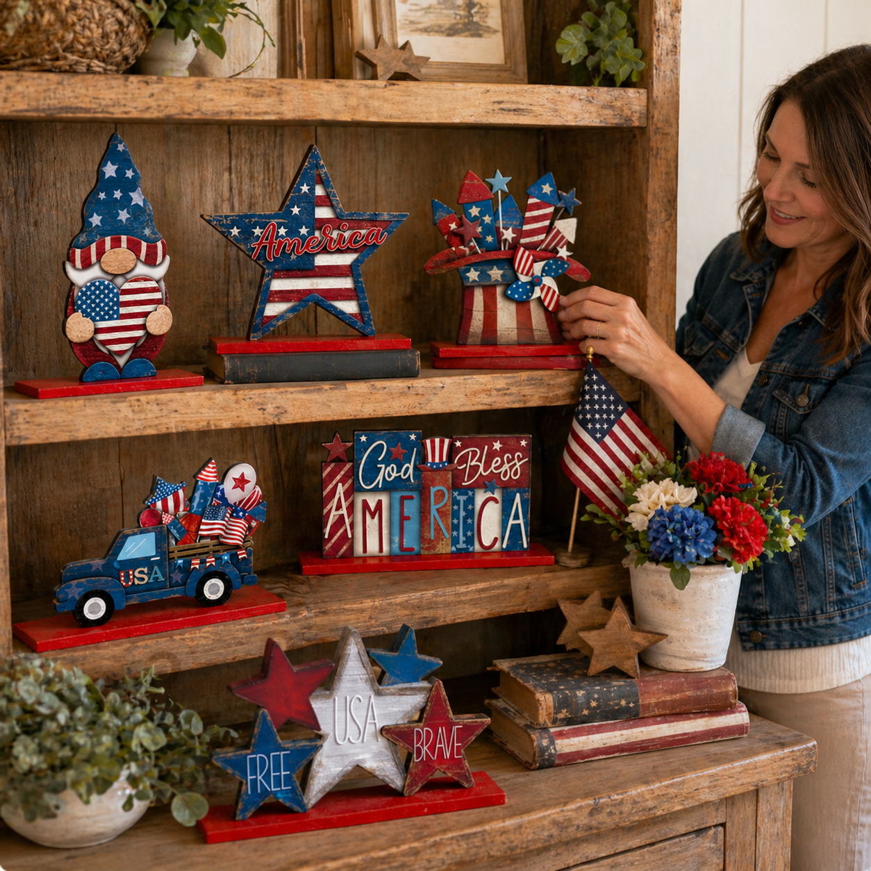 Patriotic Wooden Tabletop Decor Set – 4th of July Red White Blue Shelf Sitter Decorations