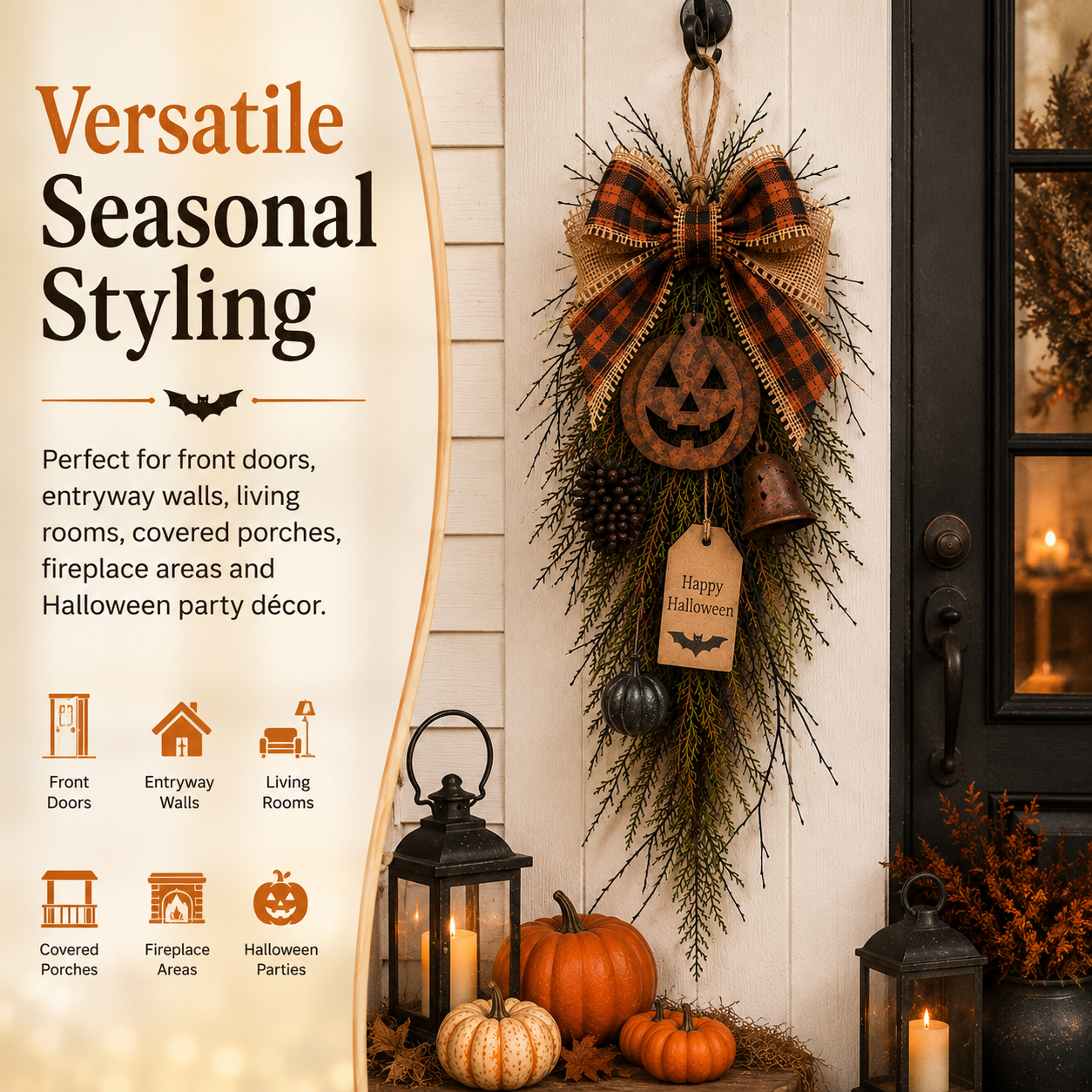 Rustic Halloween Pumpkin Door Swag – Plaid Bow & Bell Hanging Décor