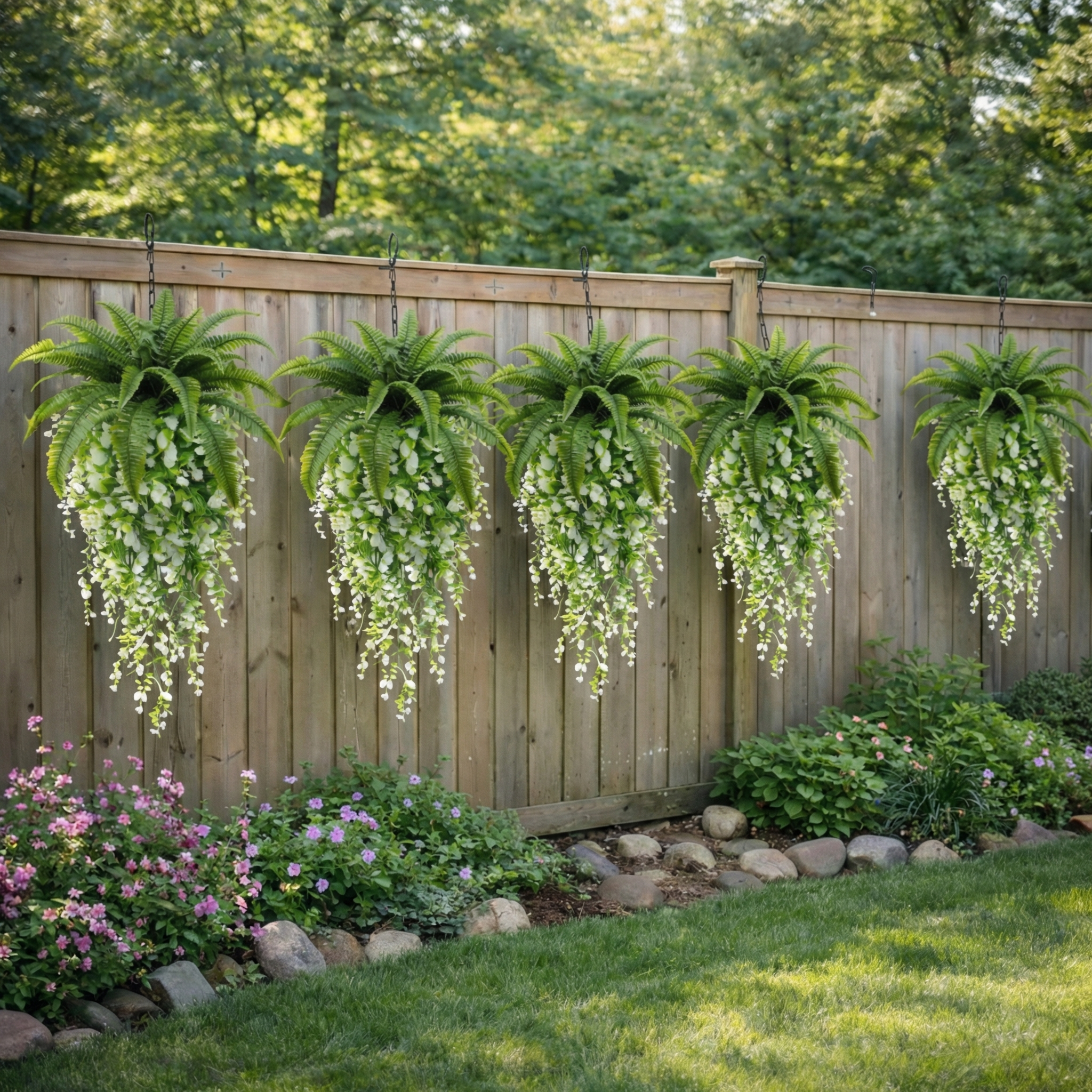 Artificial Hanging Fern Basket Set with Persian Grass & White Camellia Vines – Faux Hanging Greenery for Porch, Patio, Wedding & Home Décor