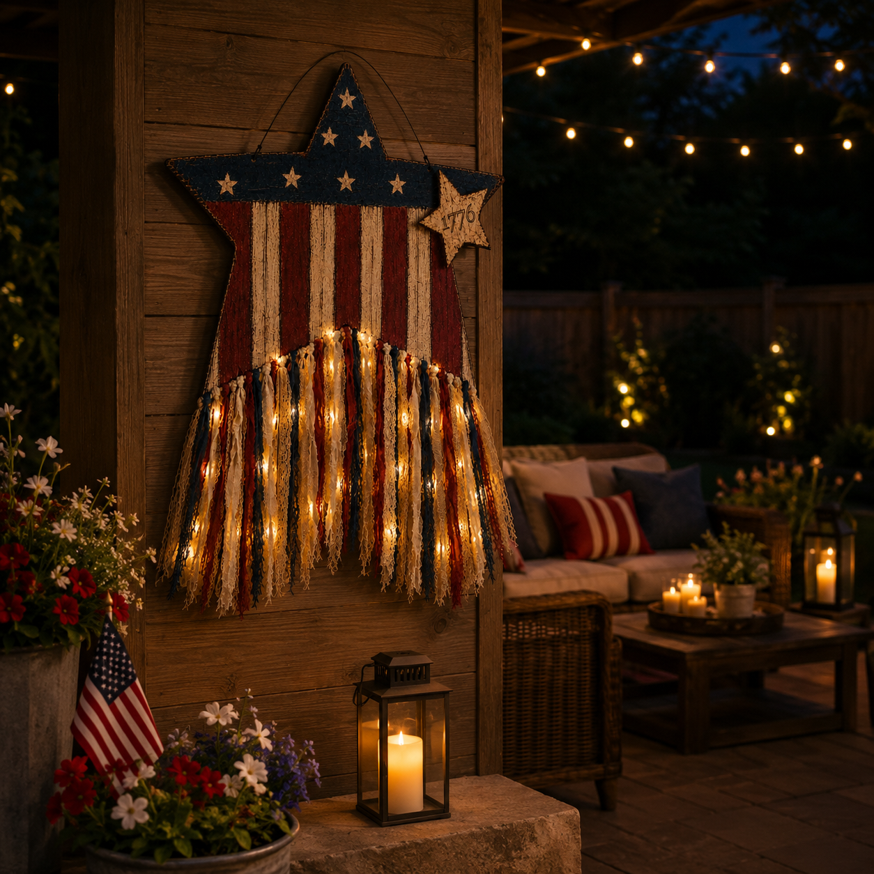 Remote-Controlled Lighted Patriotic Star Door Hanger with Fabric Tassels