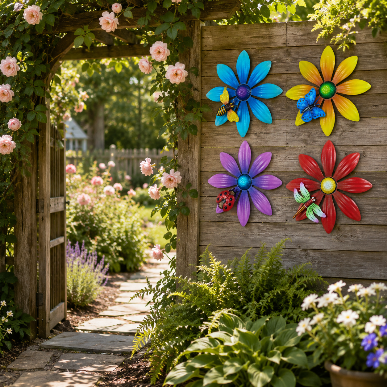 4-Piece Metal Flower Wall Decor Set – Colorful Garden Wall Art with Bee, Butterfly & Dragonfly Accents