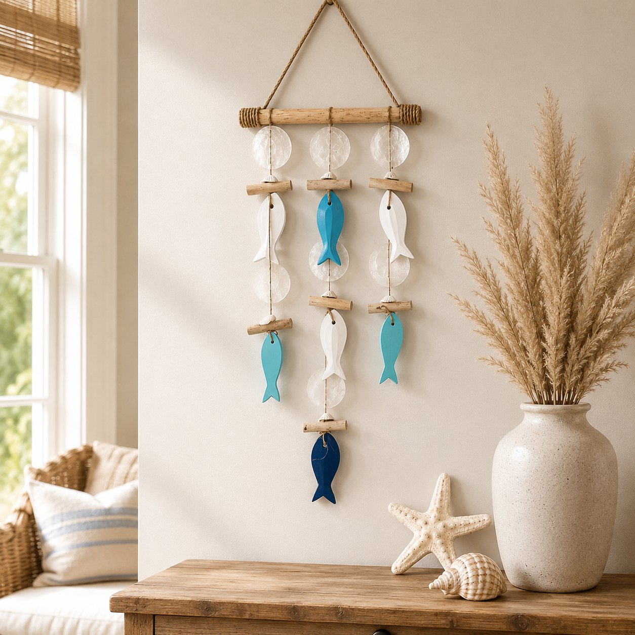 Coastal Fish & Shell Wind Chime Wall Decor with Removable Warm Lights