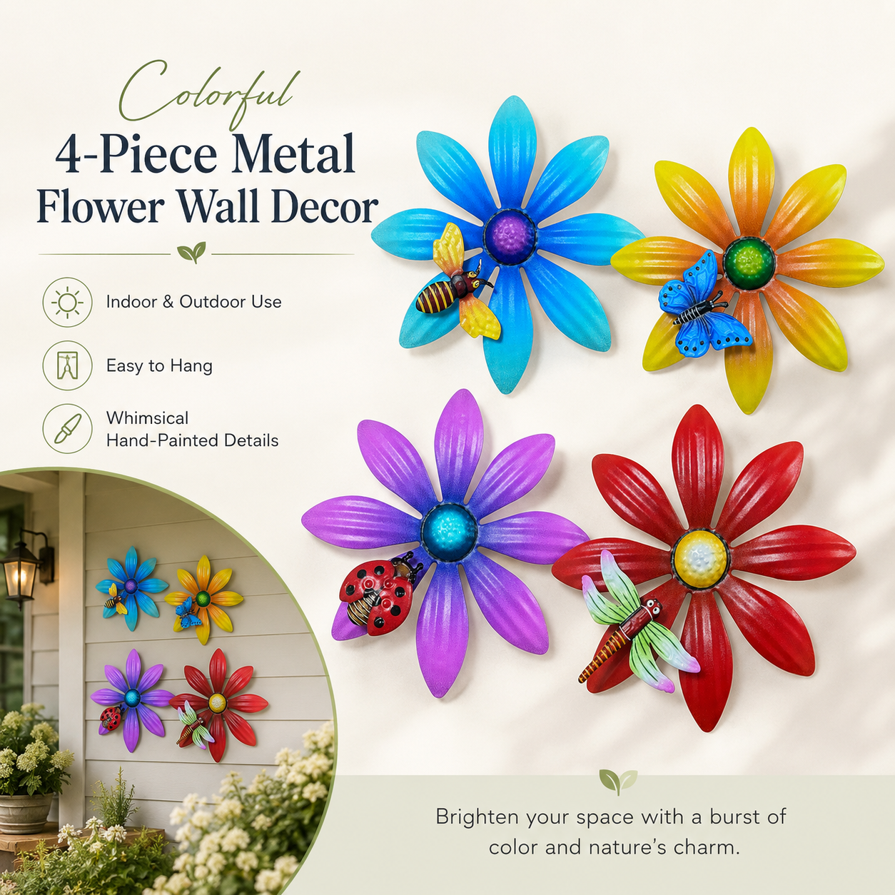 4-Piece Metal Flower Wall Decor Set – Colorful Garden Wall Art with Bee, Butterfly & Dragonfly Accents
