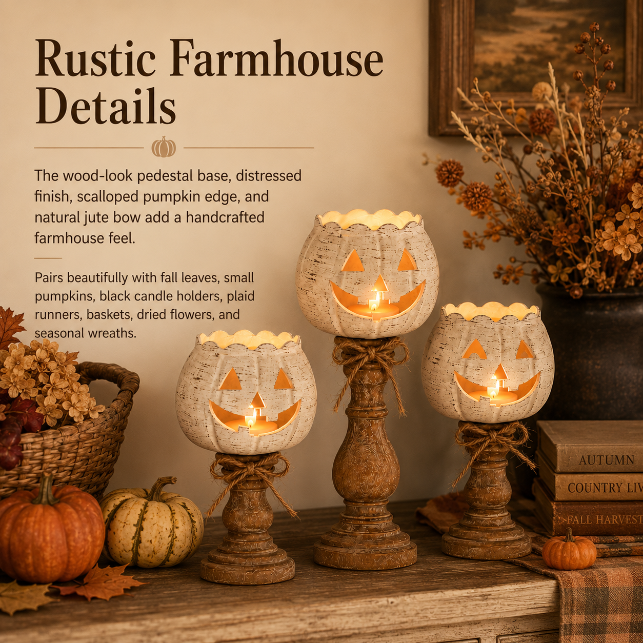 Rustic White Pumpkin Tealight Candle Holder Set of 3