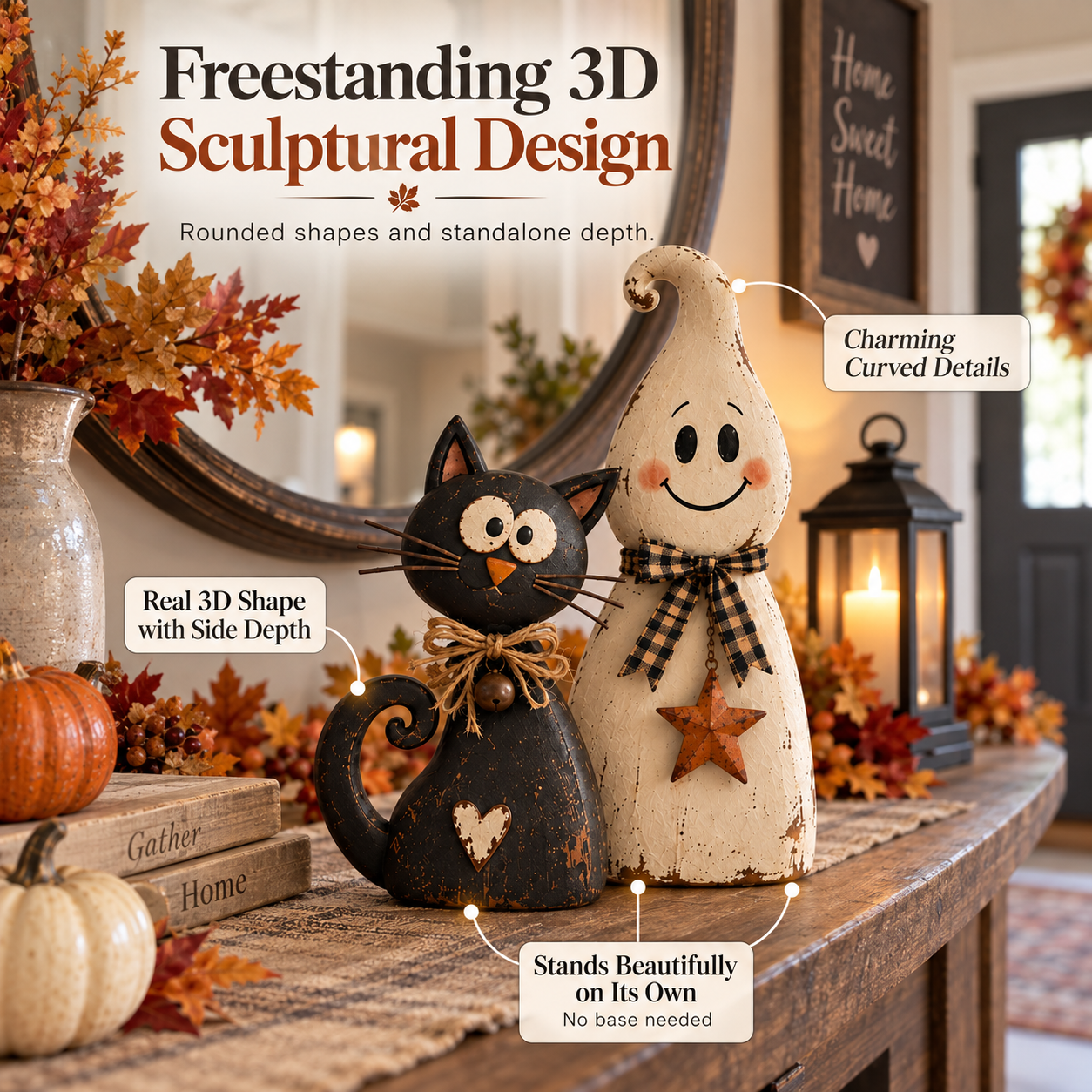 Vintage Ghost & Black Cat Halloween Figurine Set