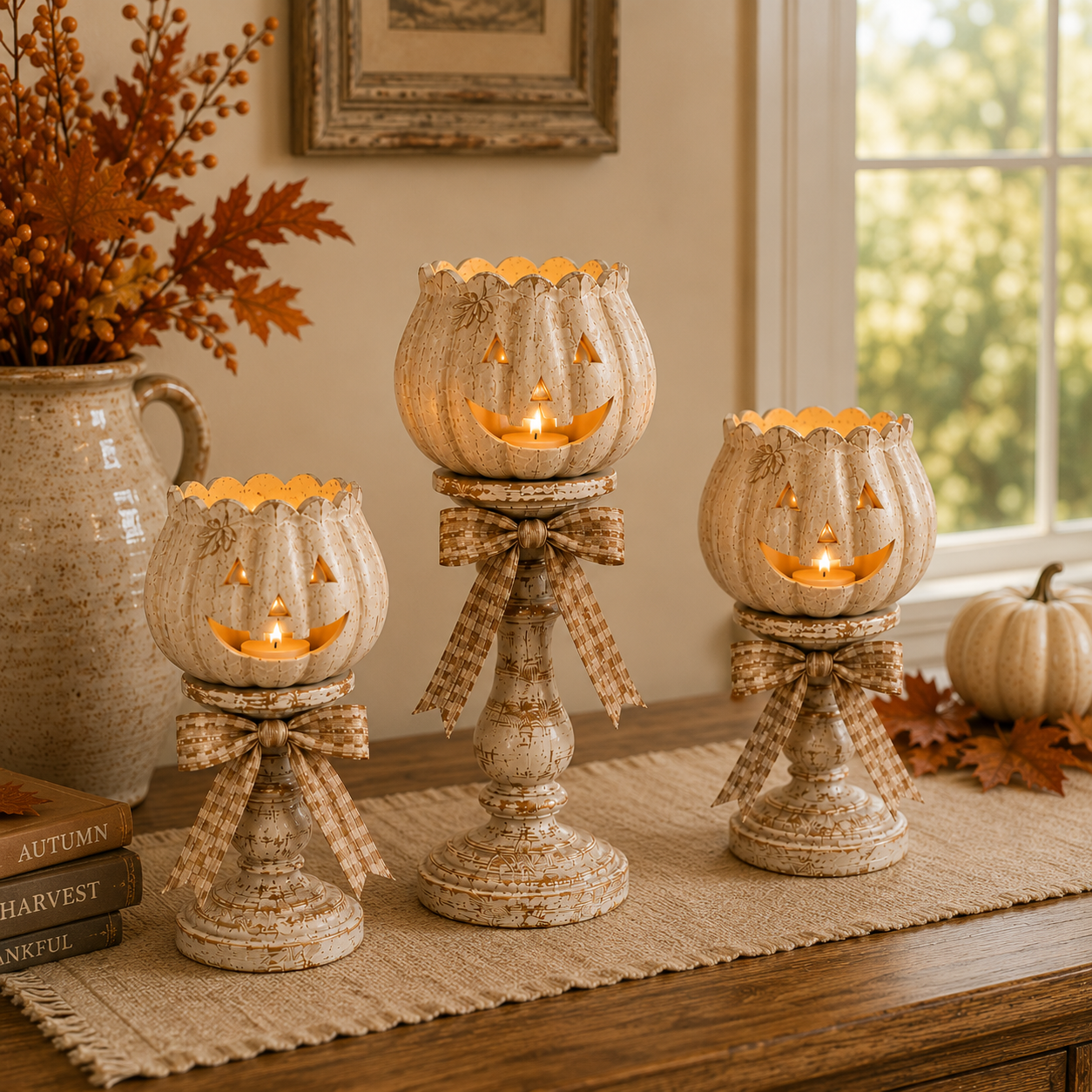Harvest Glow White Pumpkin Tealight Holders – Set of 3