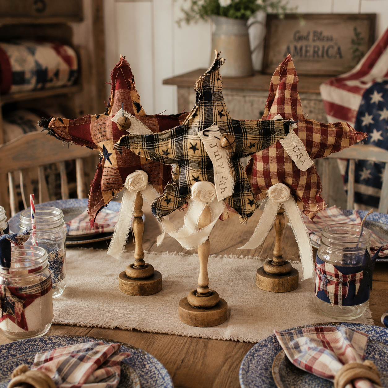 Primitive Americana Fabric Star Decor Set of 3 – Rustic Handmade-Style Farmhouse Tabletop Accents