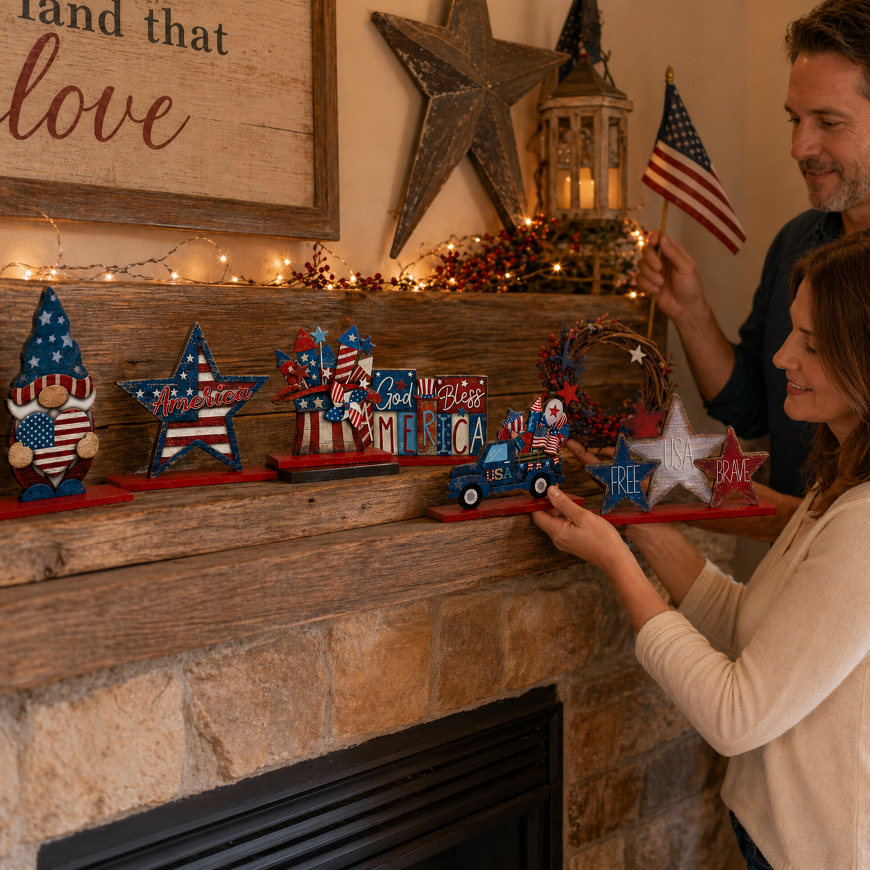 Patriotic Wooden Tabletop Decor Set – 4th of July Red White Blue Shelf Sitter Decorations