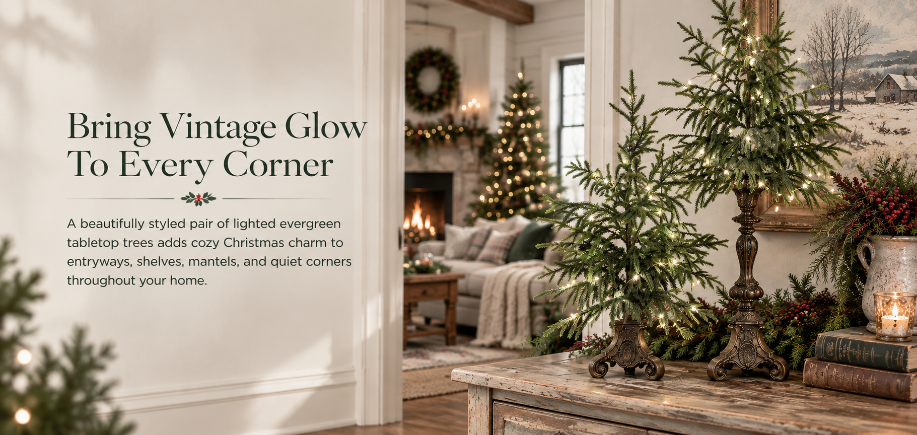 Vintage lighted Norfolk pine trees styled in a warm Christmas living room