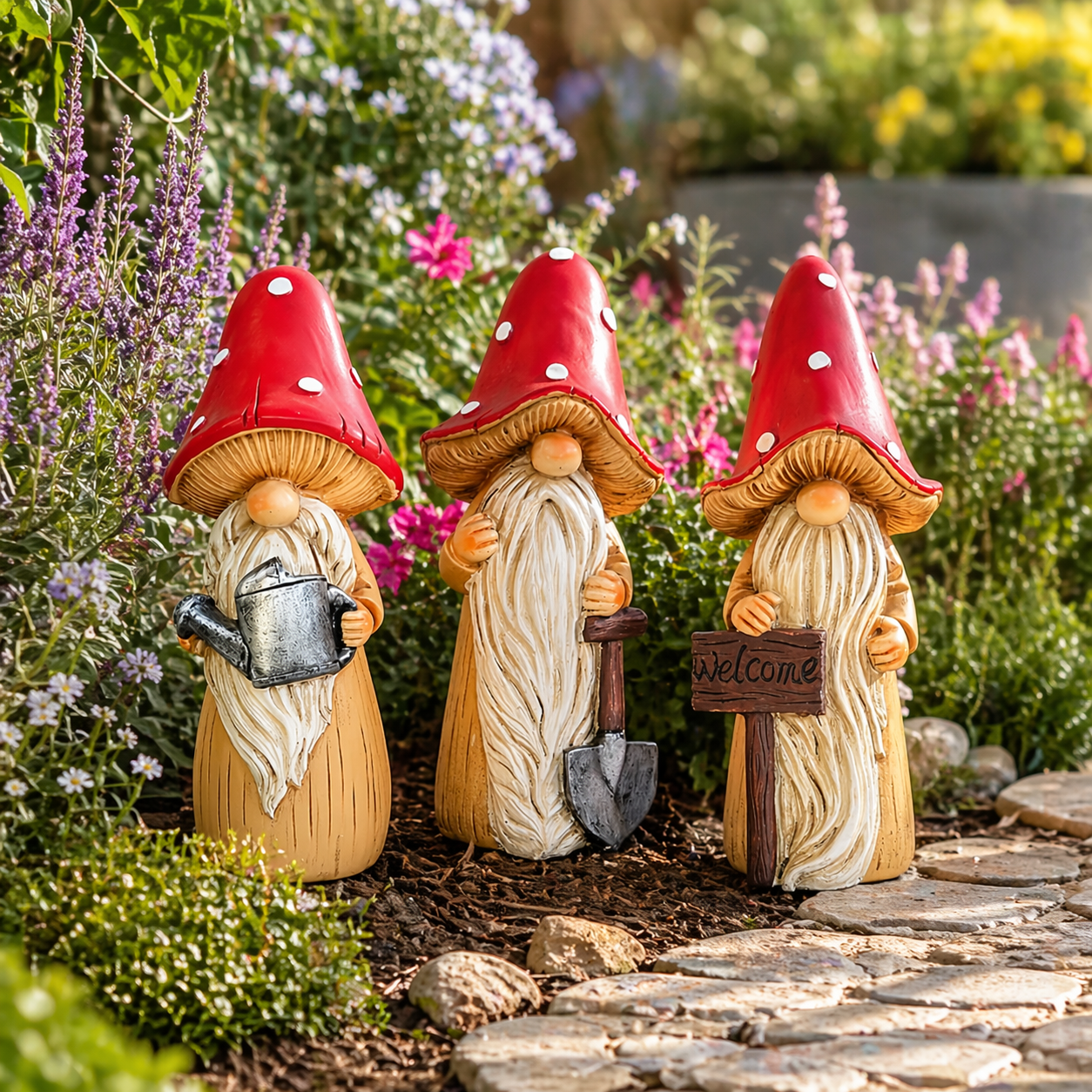 Whimsical Mushroom Hat Garden Gnome Statue