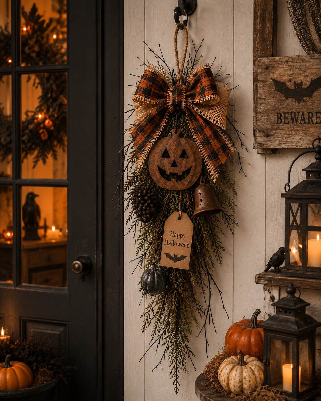 Rustic Halloween Pumpkin Door Swag – Plaid Bow & Bell Hanging Décor