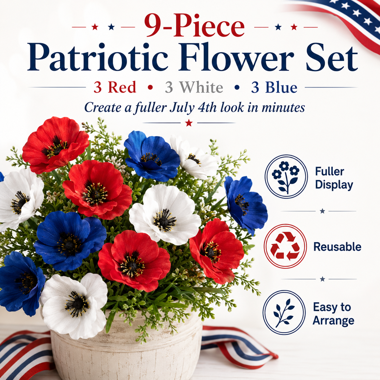 9-Piece Patriotic Red, White & Blue Faux Pansy Flower Set for July 4th Home, Porch & Garden Decor