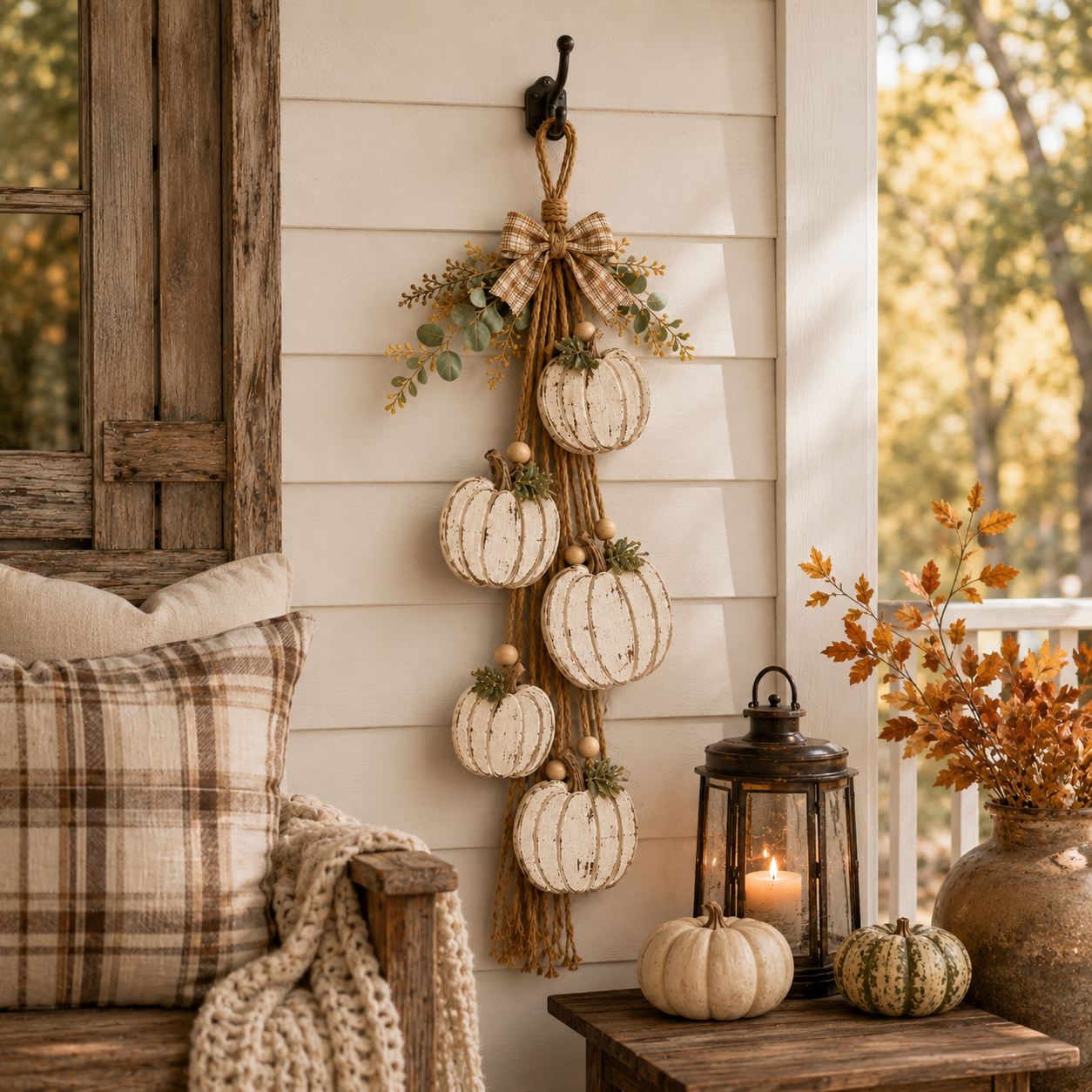 Rustic White Pumpkin Hanging Swag – 5-Pumpkin Fall Wall & Door Decor