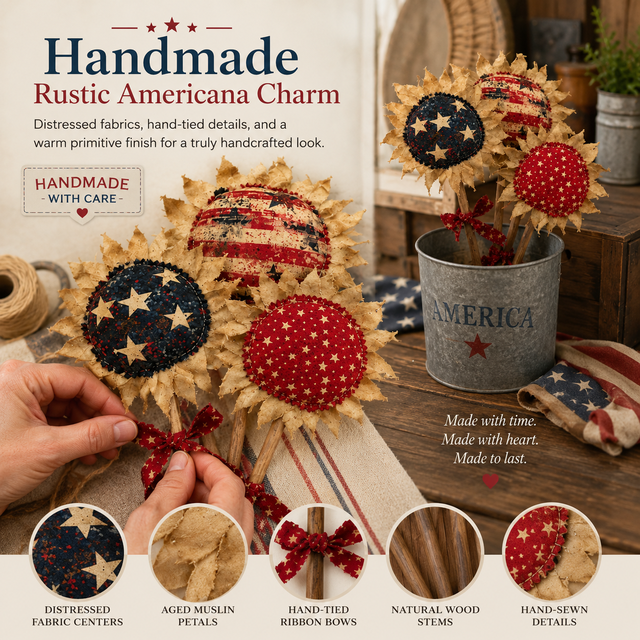 Primitive Americana Flower Picks Set of 3 – Rustic Patriotic Fabric Sunflower Decor