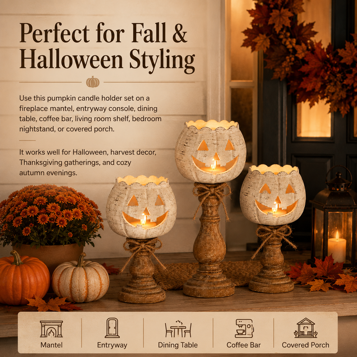 Rustic White Pumpkin Tealight Candle Holder Set of 3