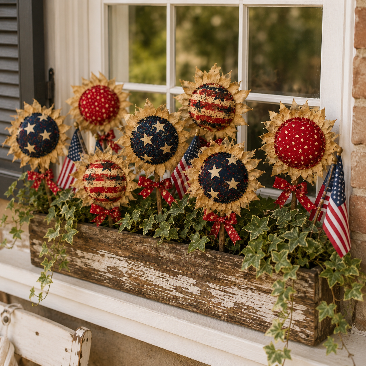 Primitive Americana Flower Picks Set of 3 – Rustic Patriotic Fabric Sunflower Decor