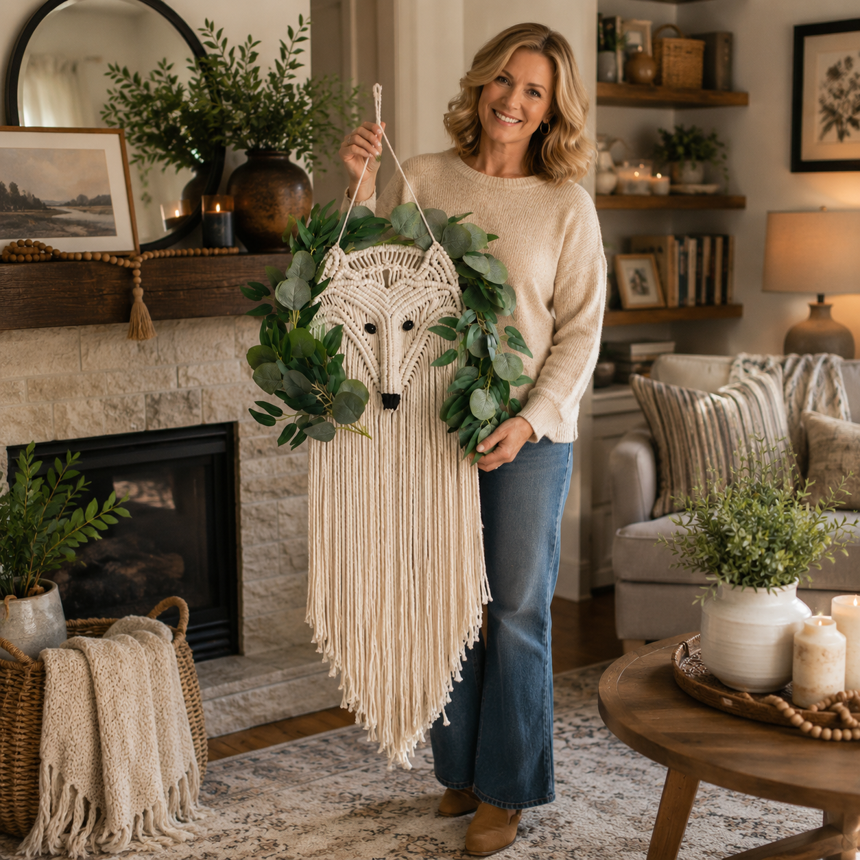 Woodland Fox Macramé Wall Hanging with Greenery