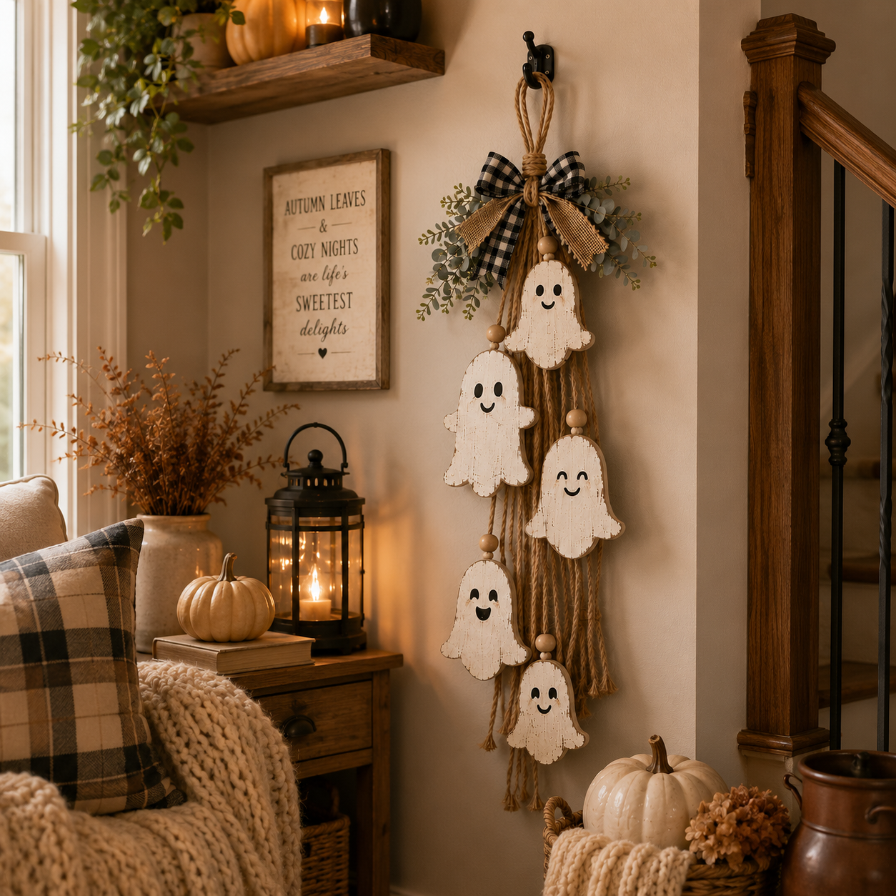 Rustic Ghost Hanging Decor – Farmhouse Halloween Wall & Door Decoration