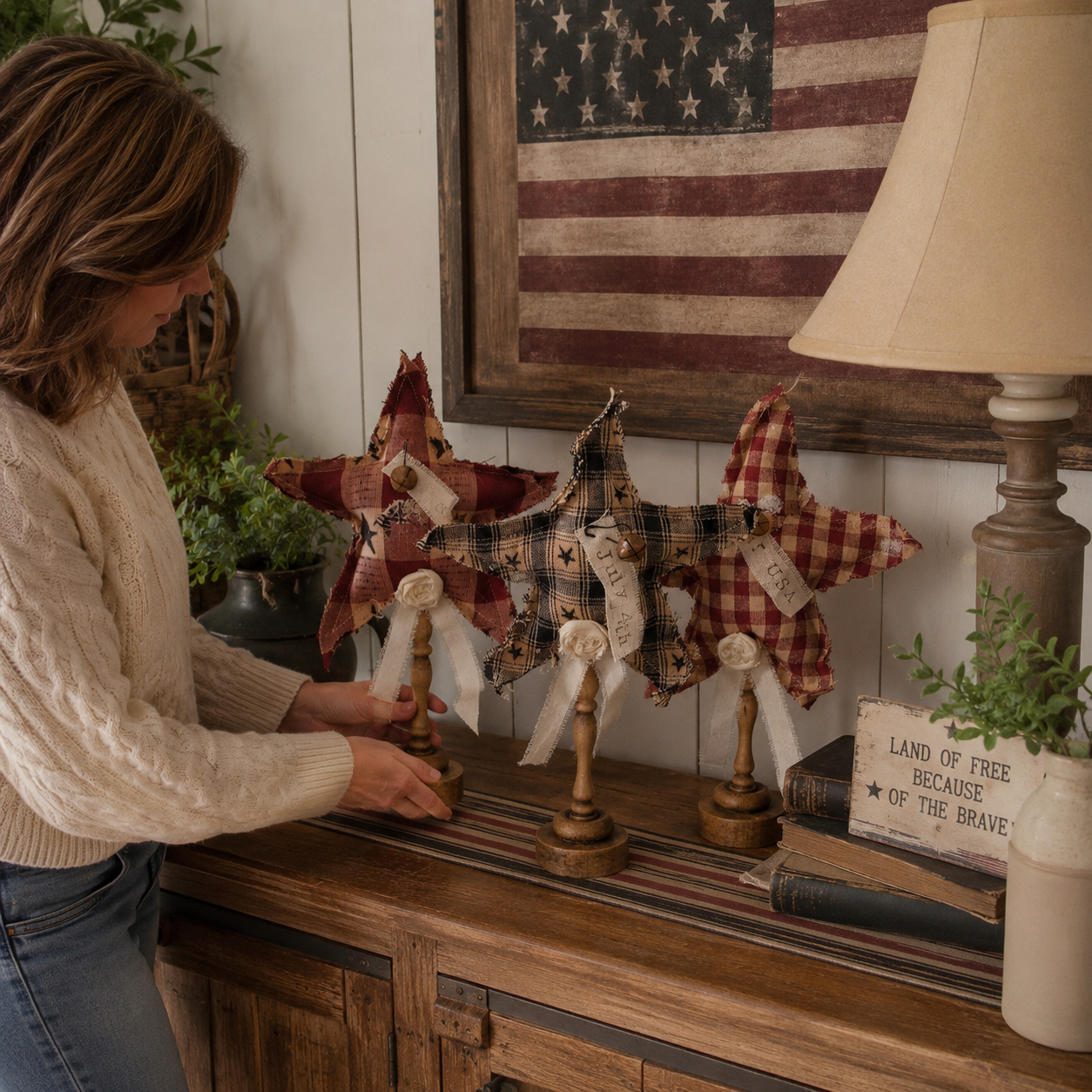 Primitive Americana Fabric Star Decor Set of 3 – Rustic Handmade-Style Farmhouse Tabletop Accents